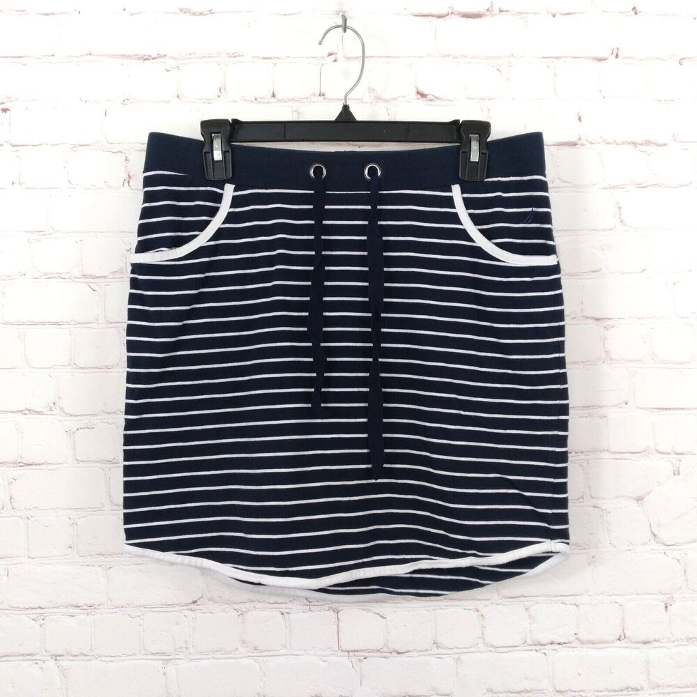 Nautica Skirt Womens Medium Blue Striped Drawstring Mini Preppy Nautical Coastal